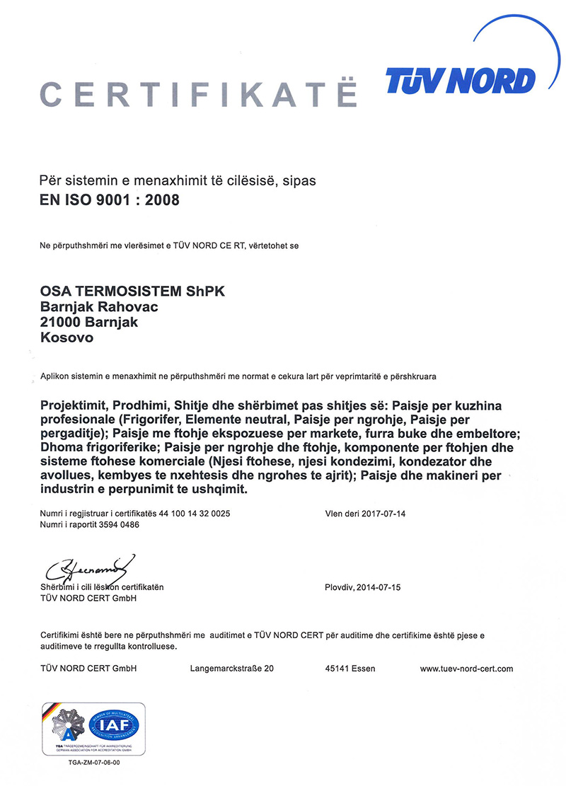 Çertifikata Shqip ISO 9001